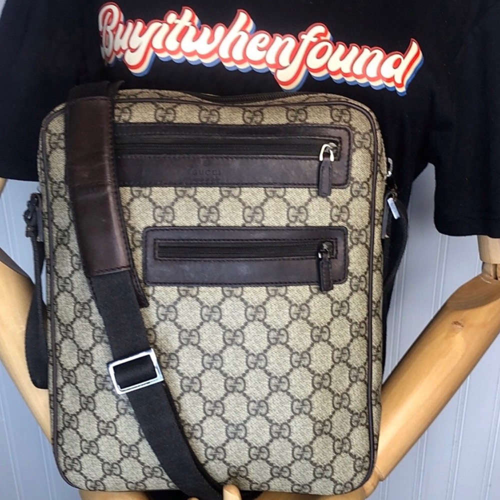 GUCCI GG Monogram Beige Coated Canvas and Dark Brown Leather Messenger Bag